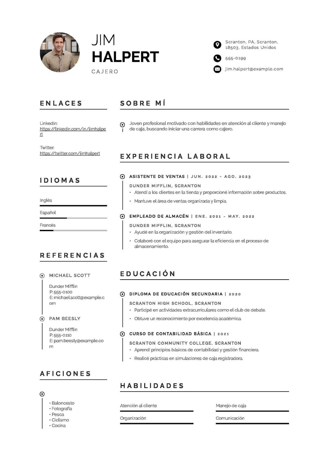 Curriculum vitae de cajero sin experiencia