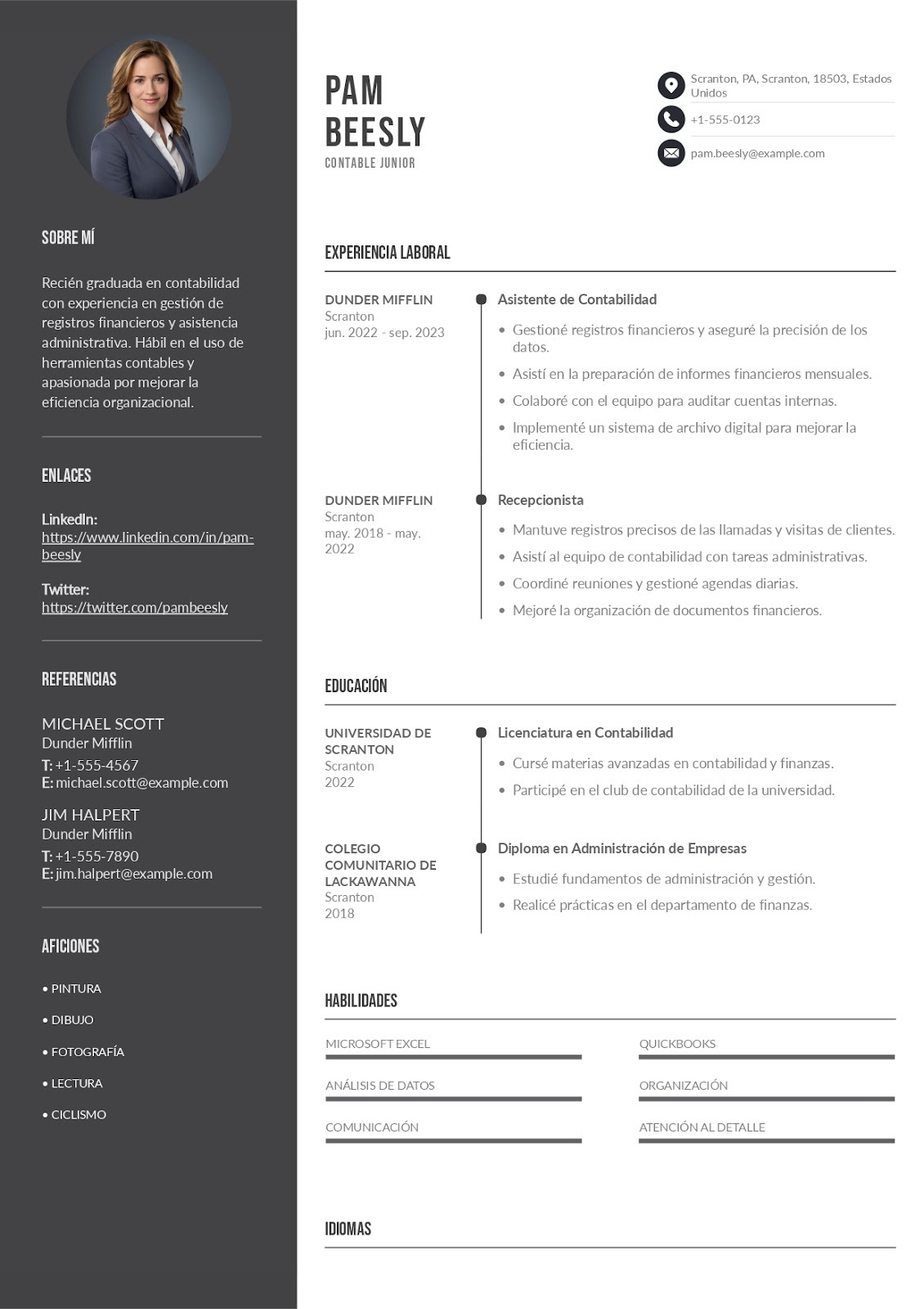 Curriculum vitae de contable recién graduado o perfil junior