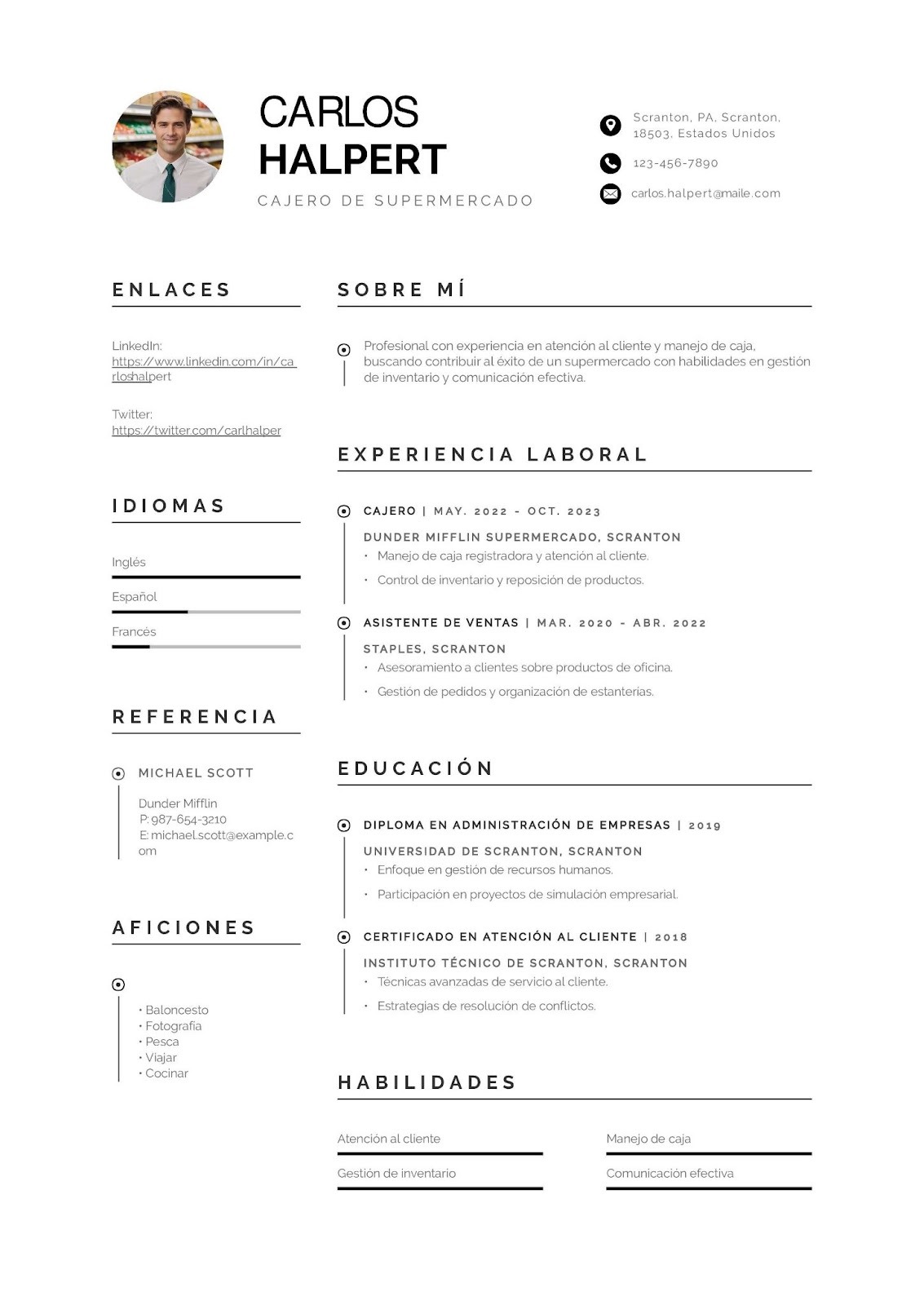 Currículum de cajero de supermercado