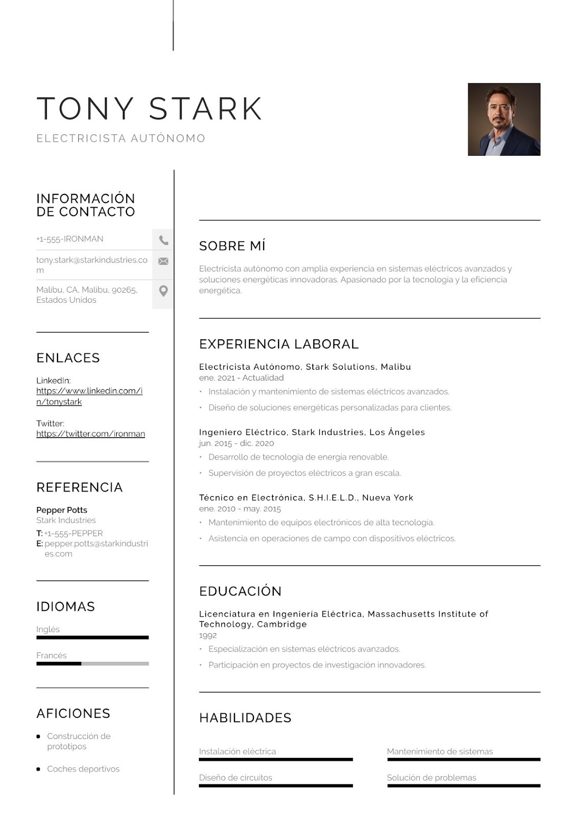 Currículum de electricista independiente/autónomo