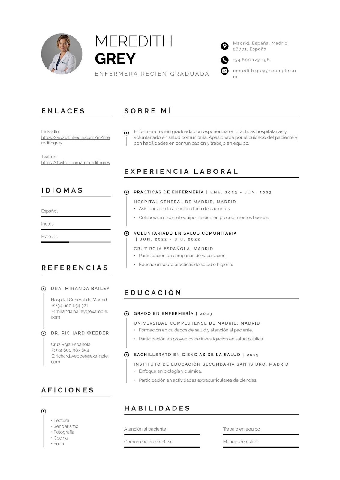 Curriculum vitae de enfermera recién graduada (sin experiencia laboral)