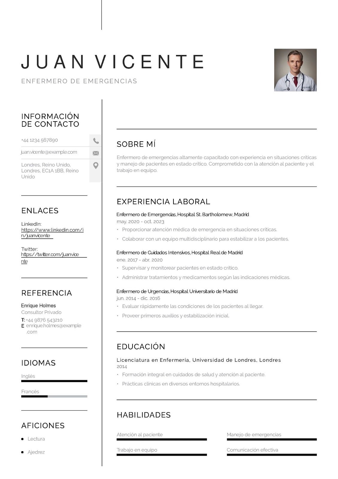 Curriculum vitae de enfermero / enfermera de emergencias