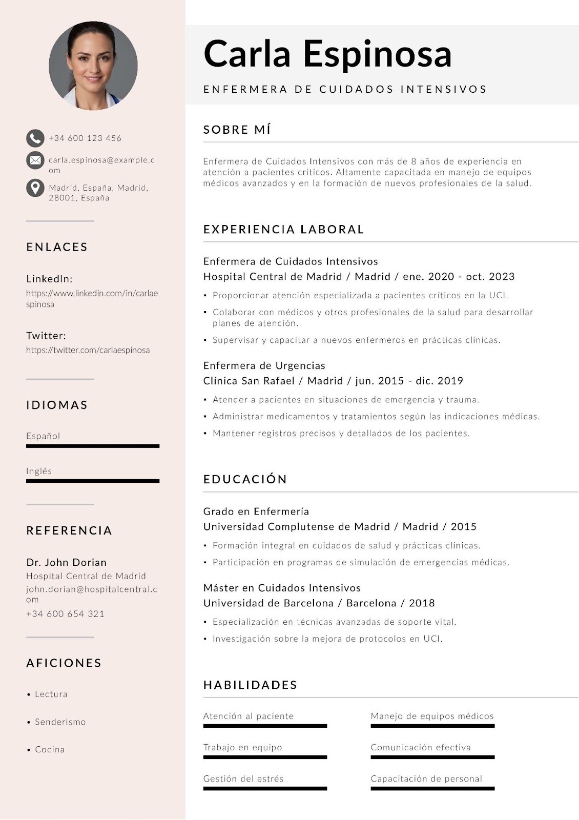 Curriculum vitae de enfermera de cuidados intensivos (UCI)