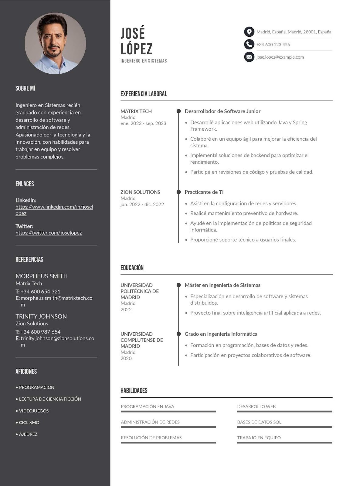 Curriculum vitae de ingeniero en sistemas sin experiencia laboral