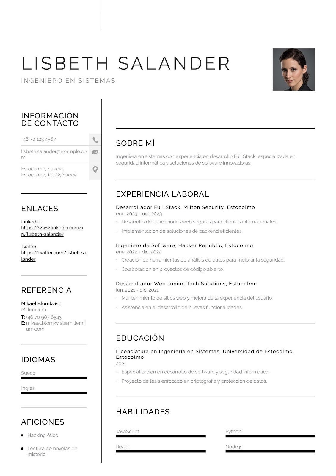 Curriculum vitae de ingeniero en sistemas especializado en desarrollo Full Stack