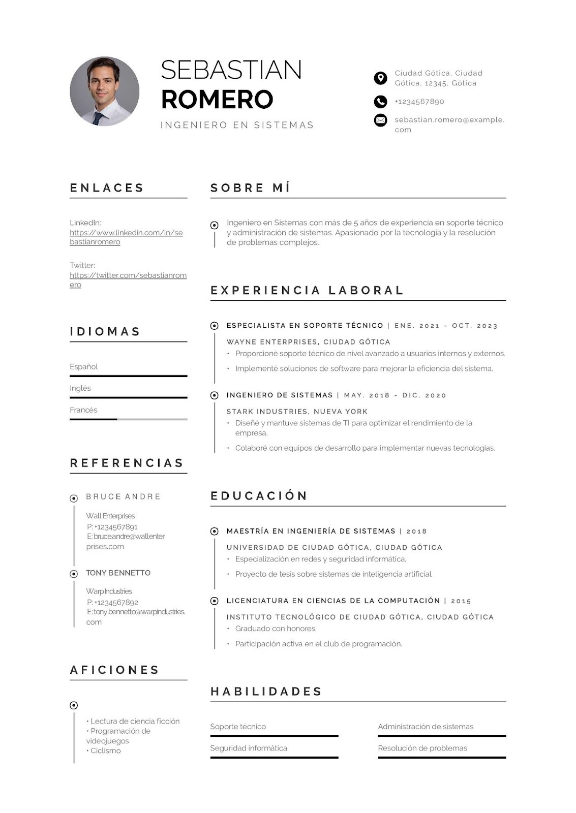 Curriculum vitae de ingeniero en sistemas especializado en soporte técnico