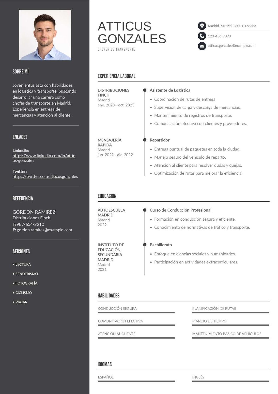Currículum de chofer de transporte sin experiencia (primer empleo)