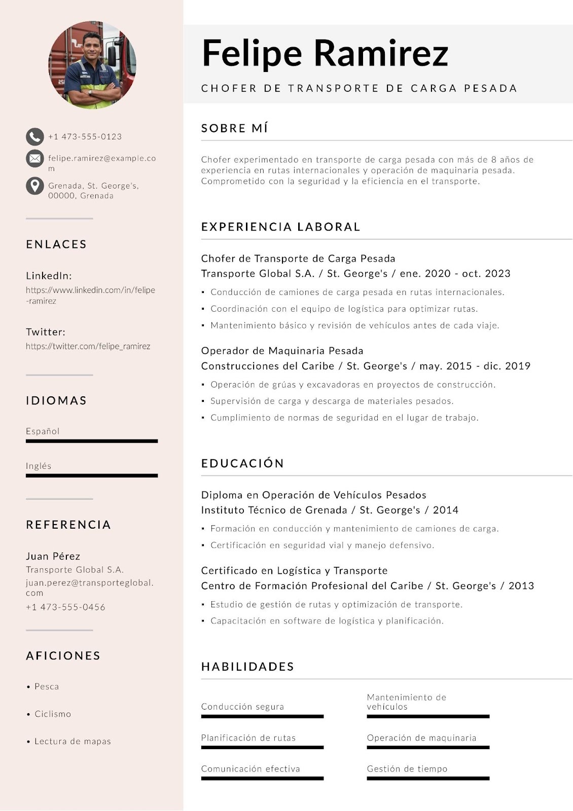 Currículum de chofer de transporte de carga pesada