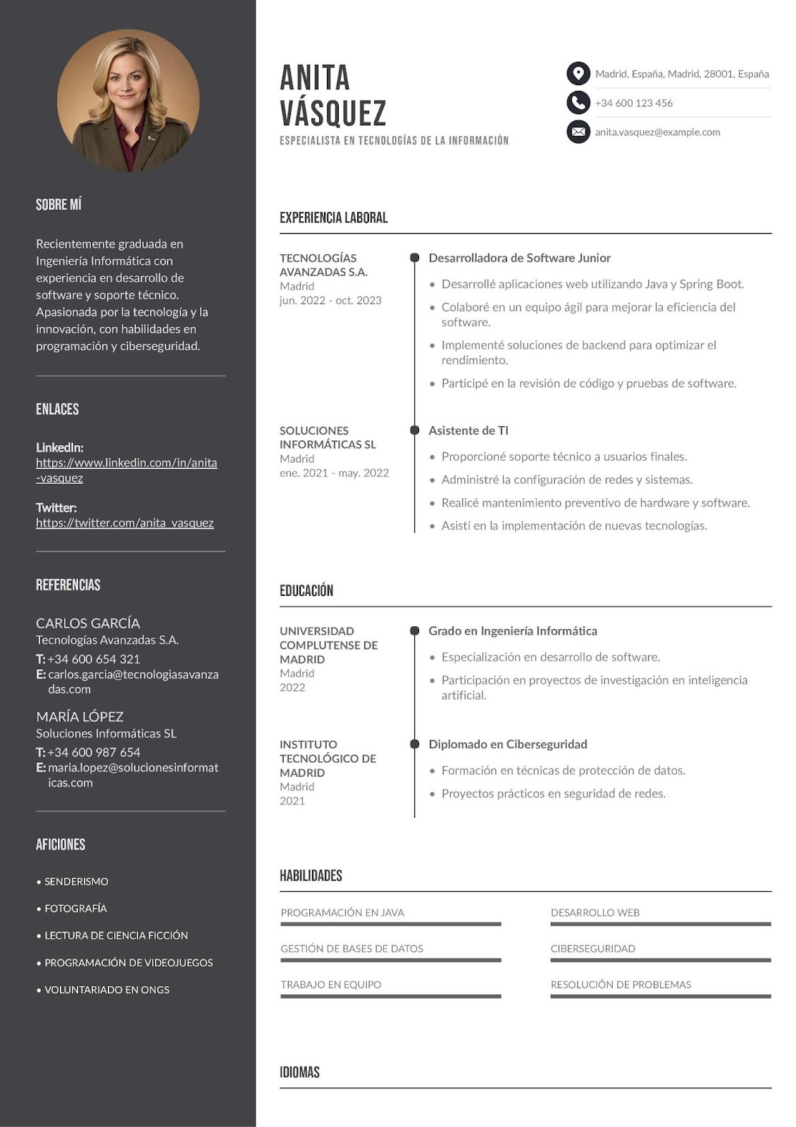 Currículum como recién graduado en Tecnologías de la Información (IT)