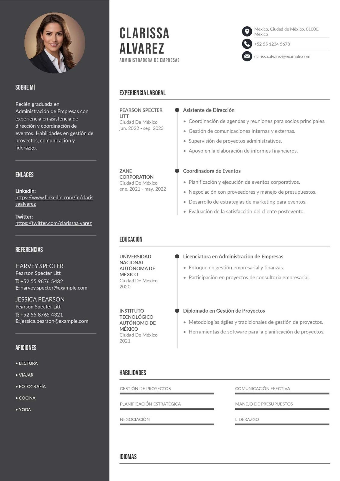 Currículum de recién graduado en Administración de Empresas