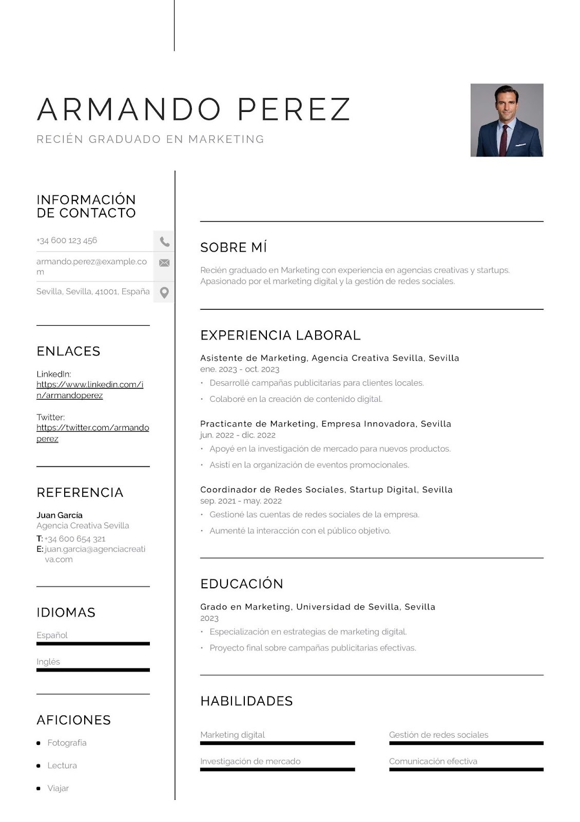 Currículum como recién graduado en Marketing