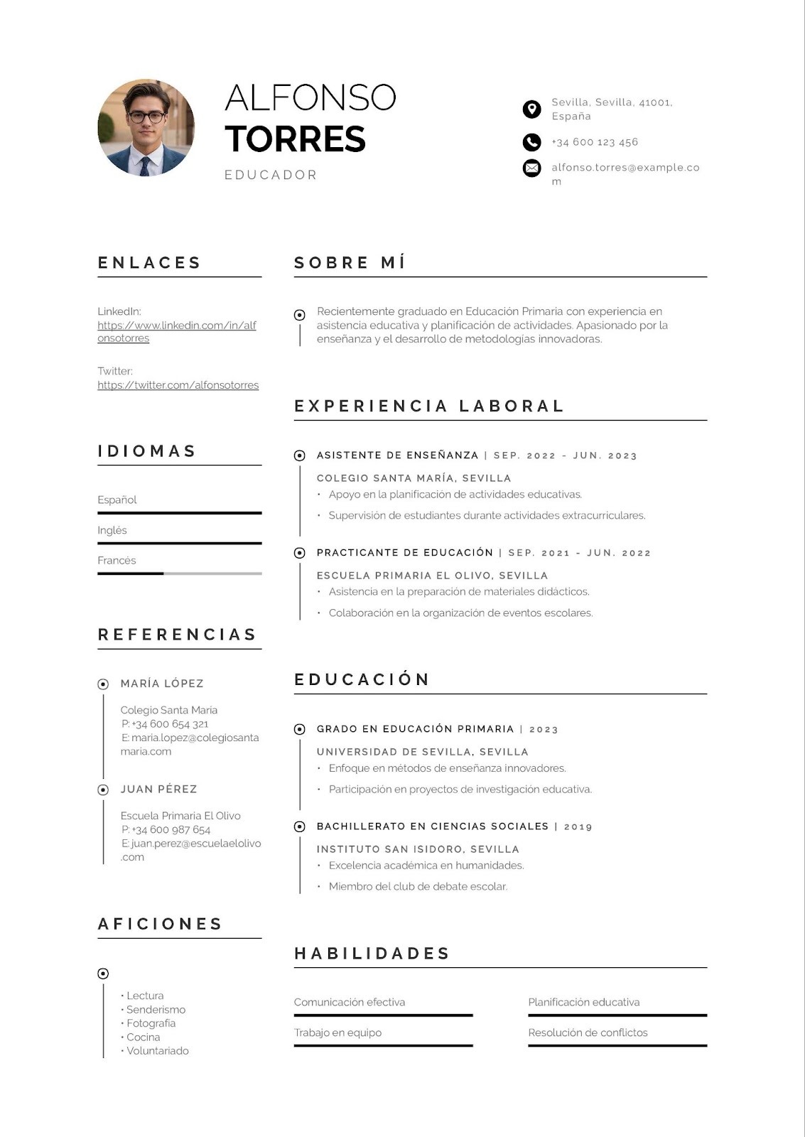 Currículum de recién graduado en Educación