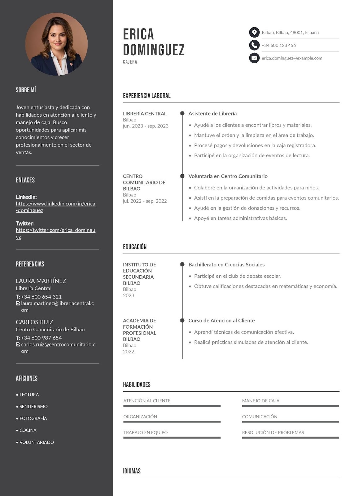 Curriculum vitae de cajero sin experiencia (primer empleo)