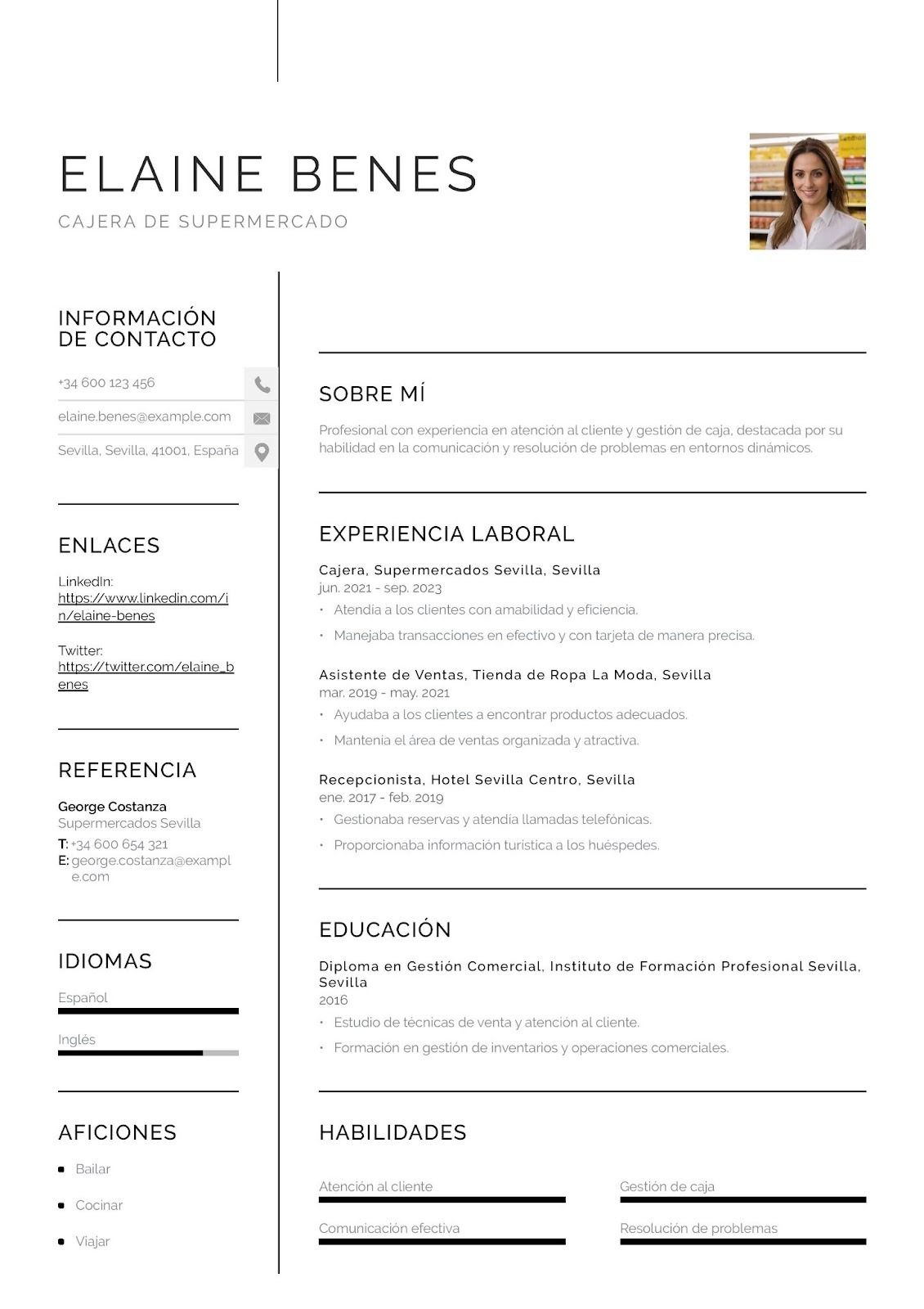 Curriculum vitae de cajero de supermercado