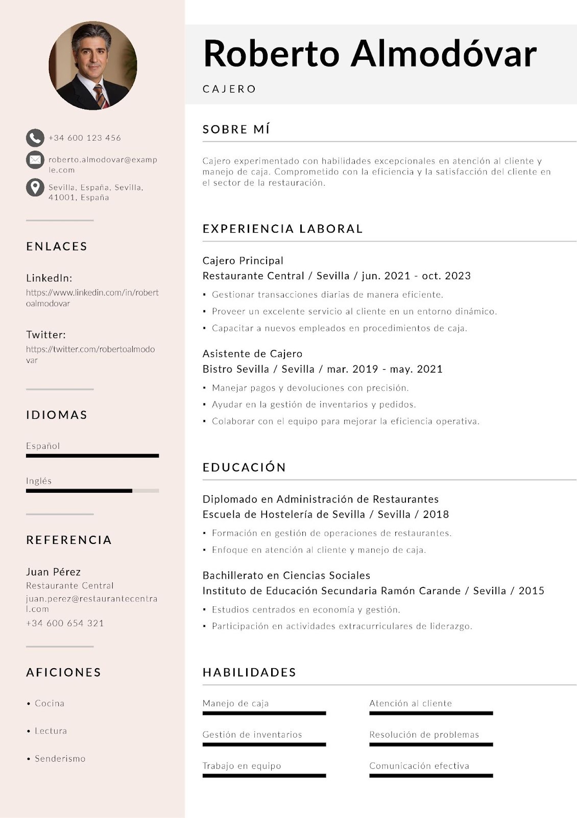 Curriculum vitae de cajero de restaurantes