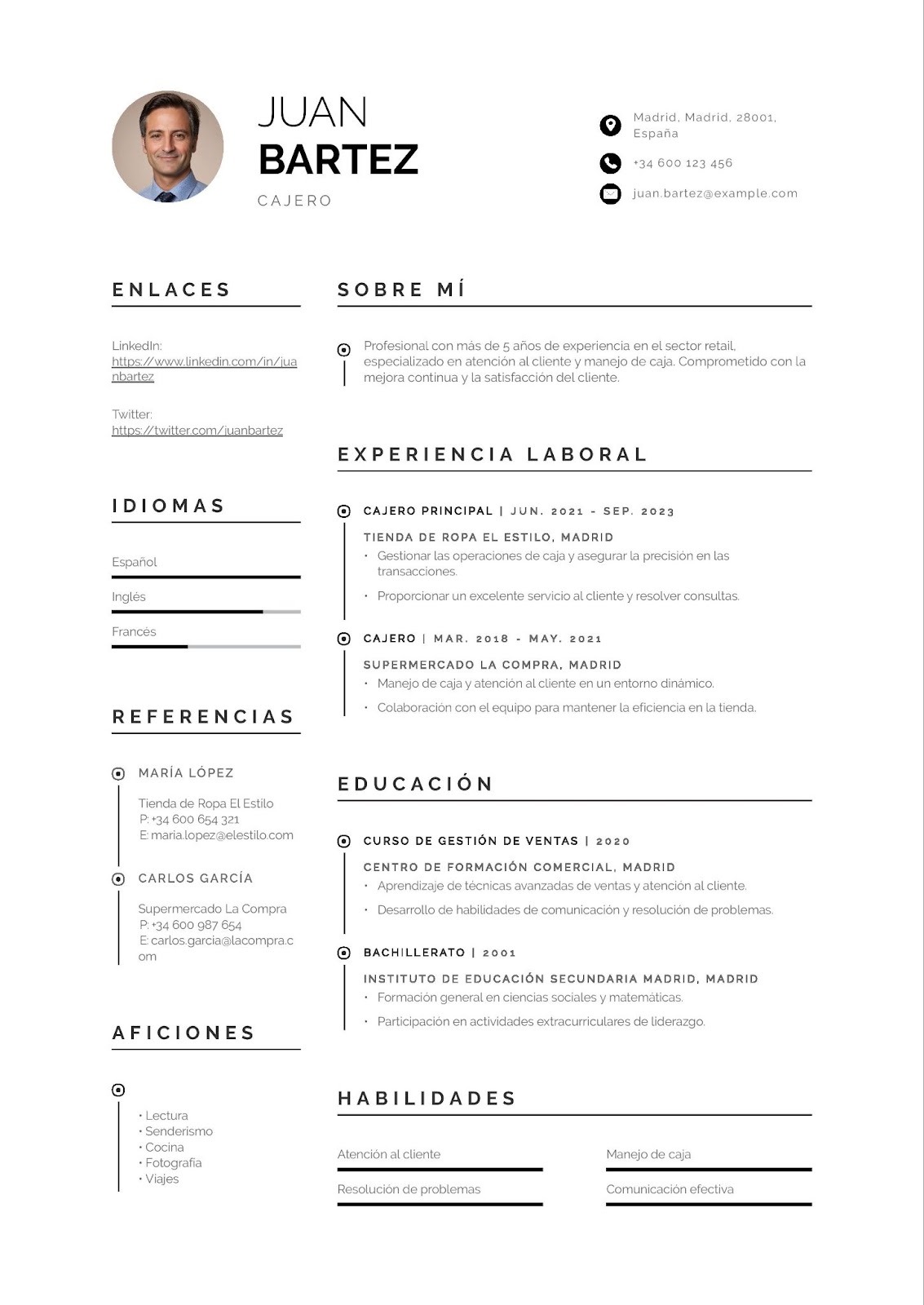 Curriculum vitae de cajero de tiendas retail