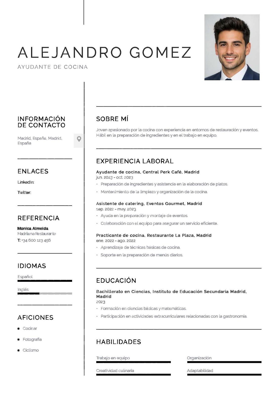 Currículum de bachiller para trabajar como ayudante de cocina