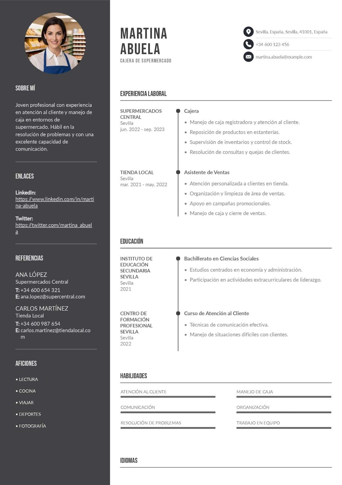 Currículum de bachiller para trabajar como cajero de supermercado