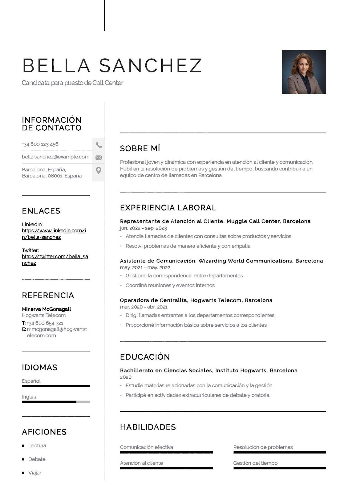 Currículum de bachiller para trabajar en call center