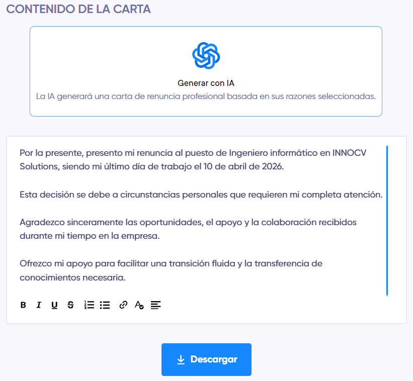 Ilustración del contenido de una carta de renuncia generado con IA
