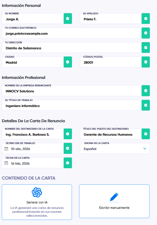 Formulario para generar una carta de renuncia con IA