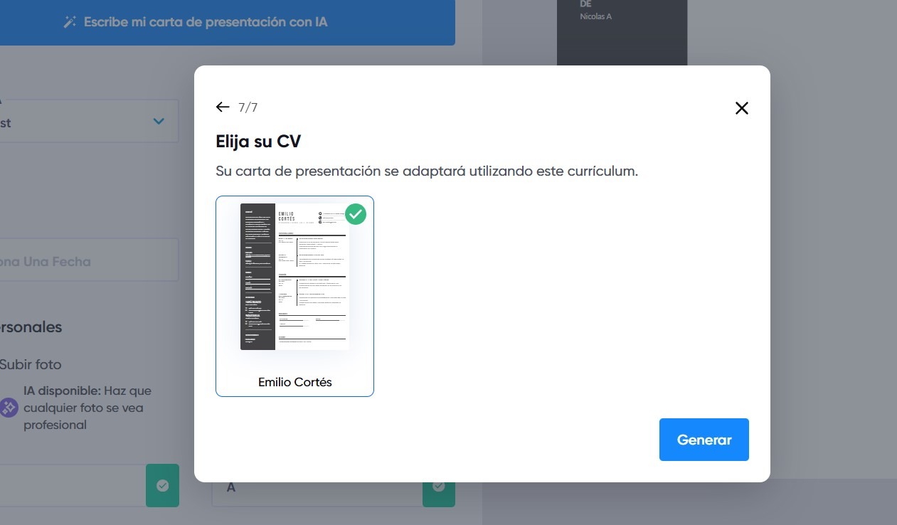 Selección del CV para extraer la información automáticamente