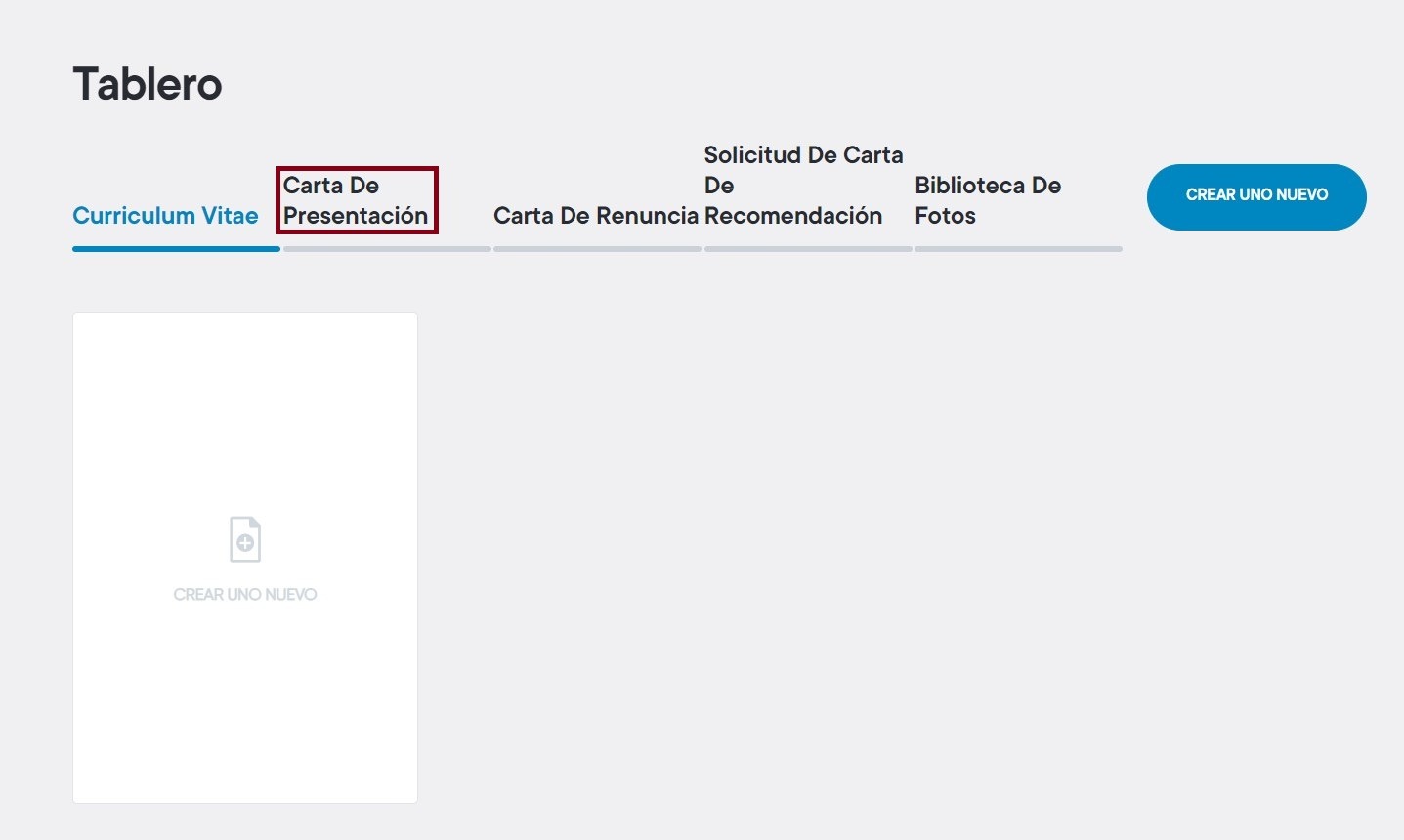 Tablero de la sección de carta de presentación online con IA