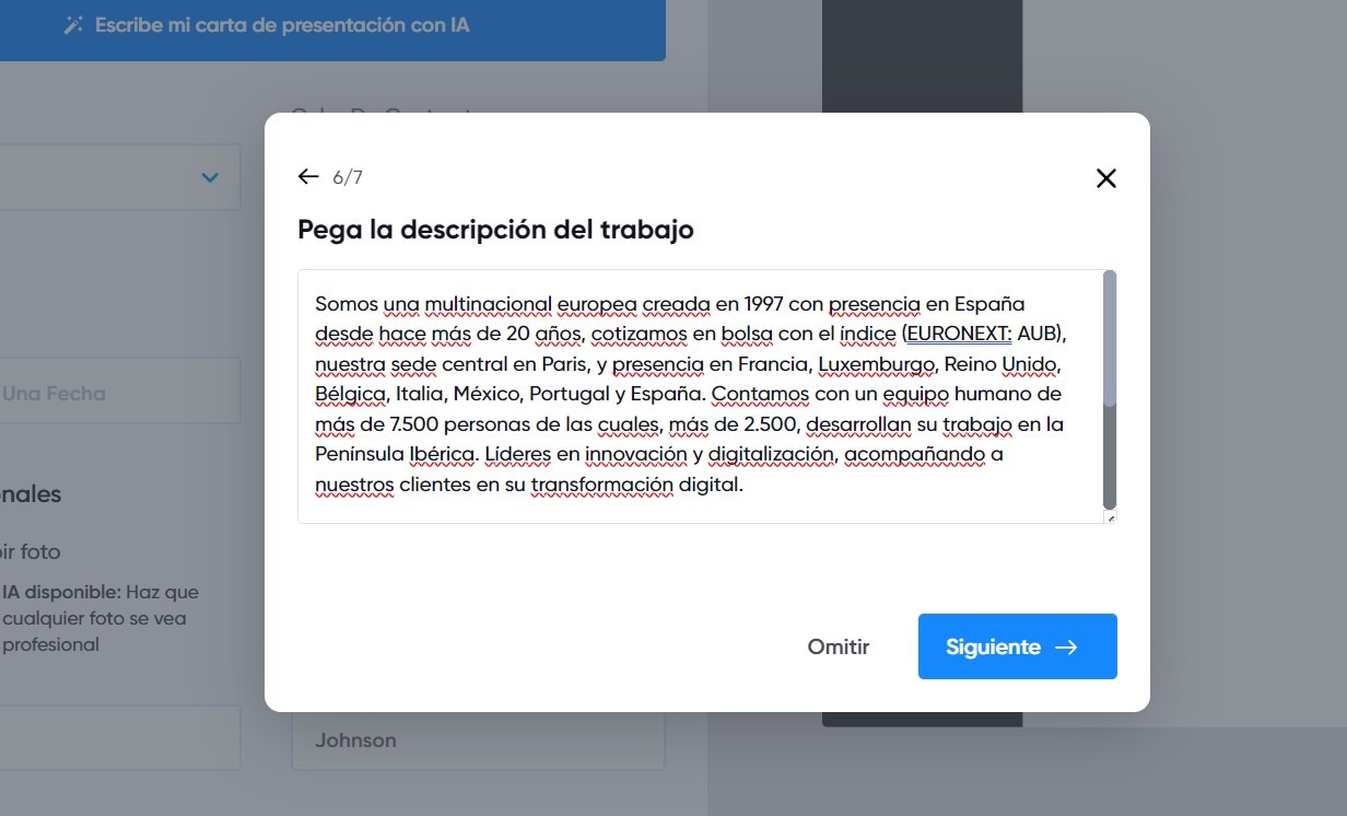 Descripción del trabajo para generar una carta de presentación personalizada