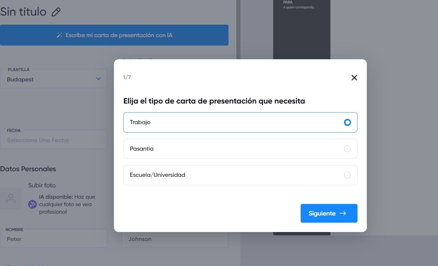 selección del objetivo de la carta de presentación automatizada