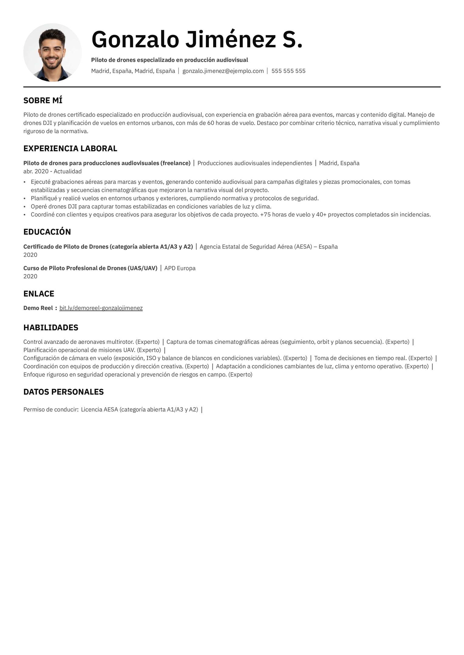 Ejemplo de CV de piloto de dron