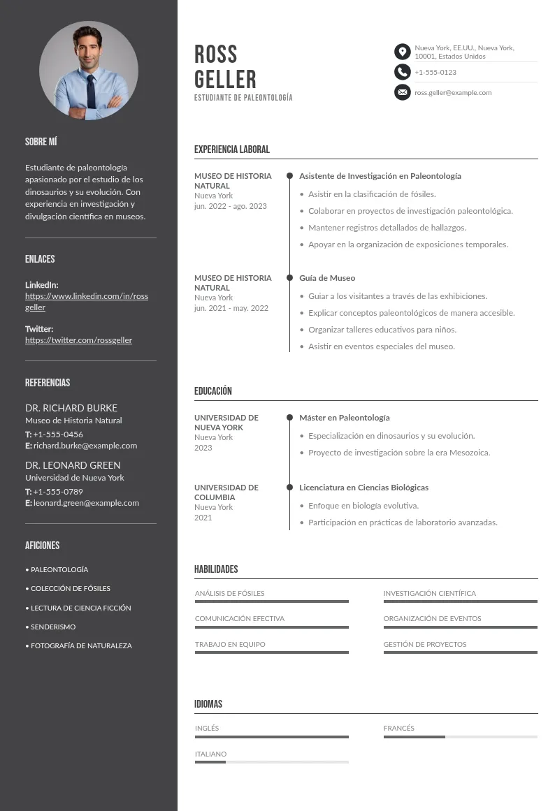 CV de estudiante ciencias naturales