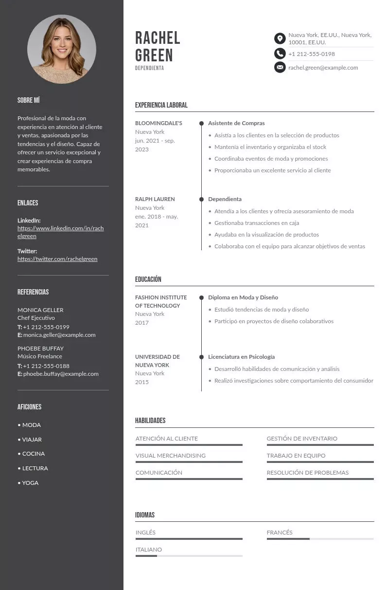 CV de dependienta de Zara