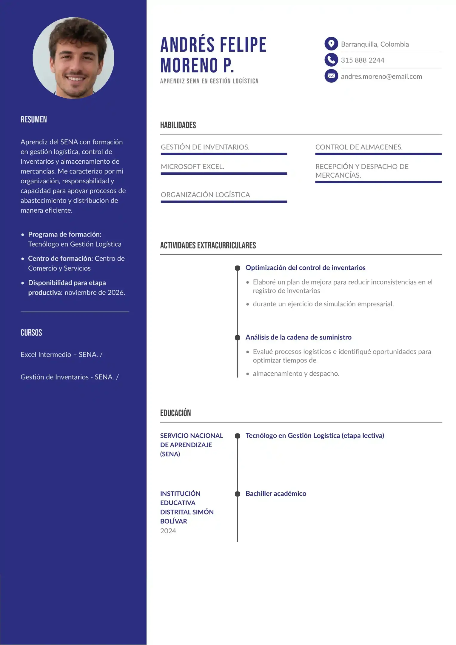Ejemplo de currículum de aprendiz del SENA en Gestión Logística