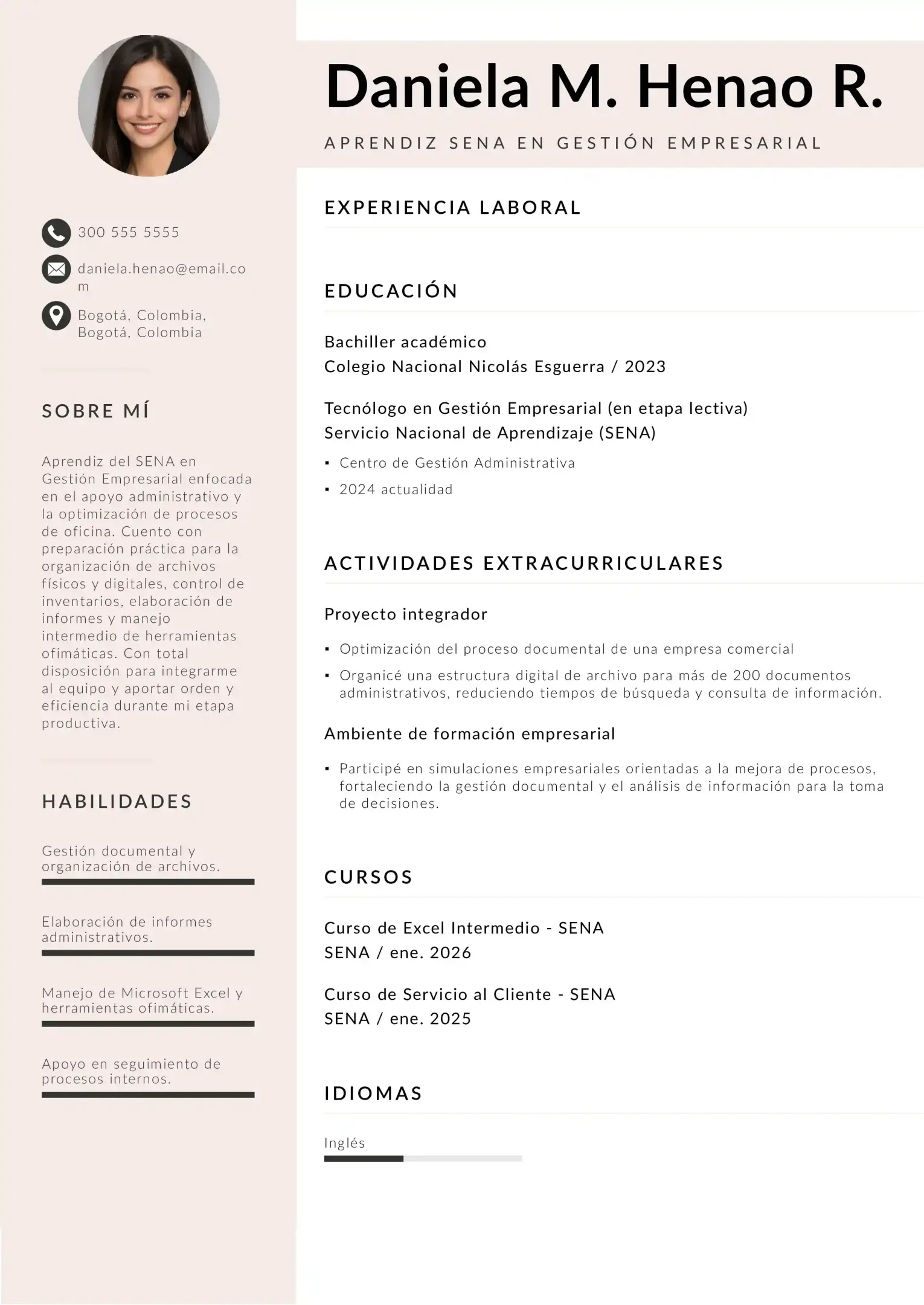 Ejemplo de currículum de aprendiz del SENA en Gestión Empresarial