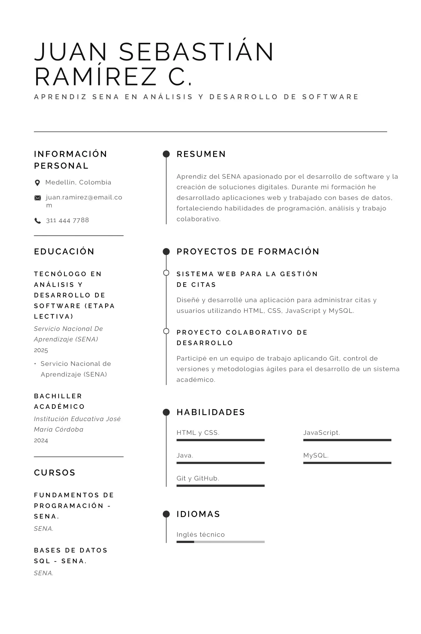 Ejemplo de hoja de vida de aprendiz del SENA en Análisis y Desarrollo de Software
