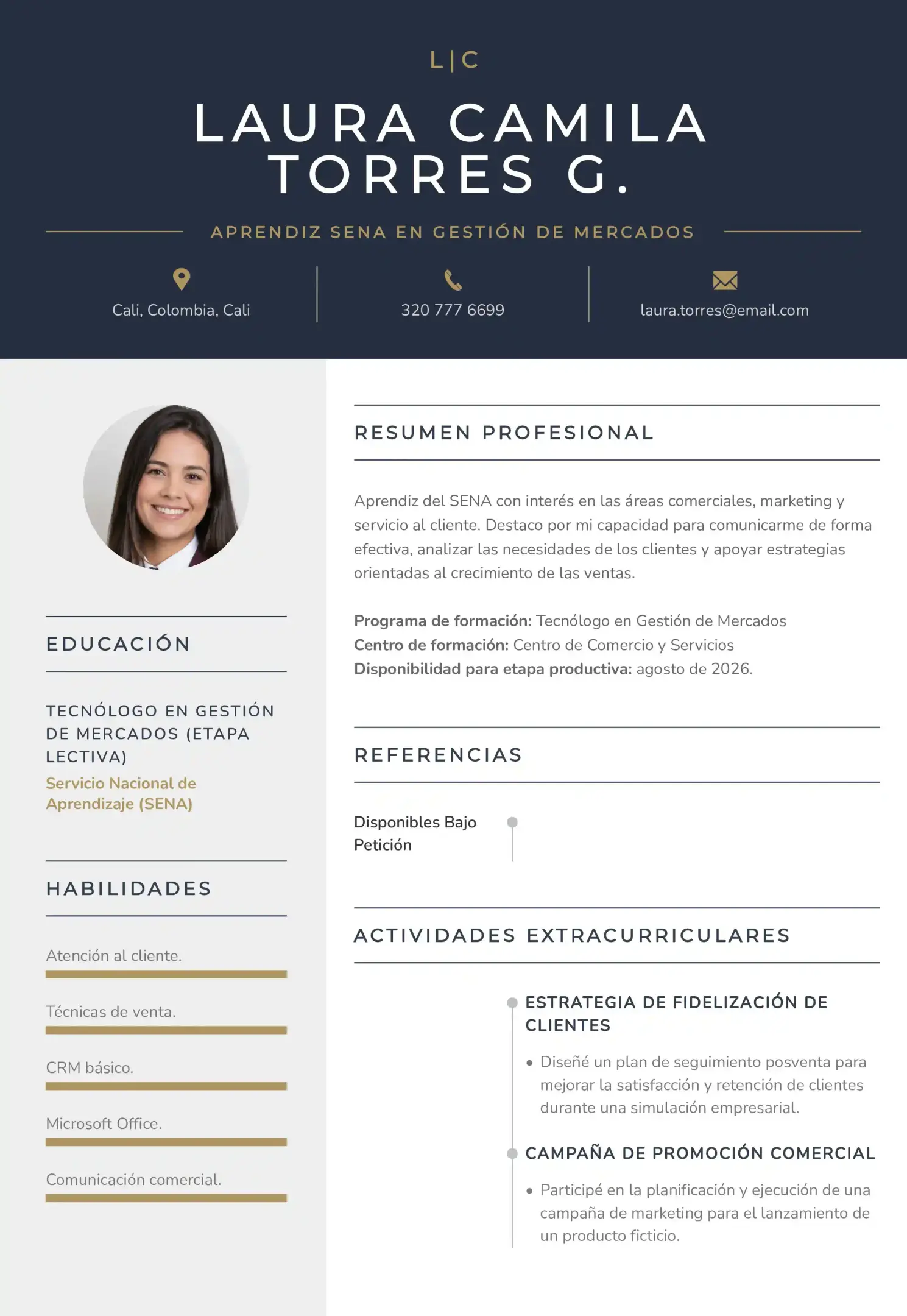 Ejemplo de currículum de aprendiz del SENA en Gestión de Mercados