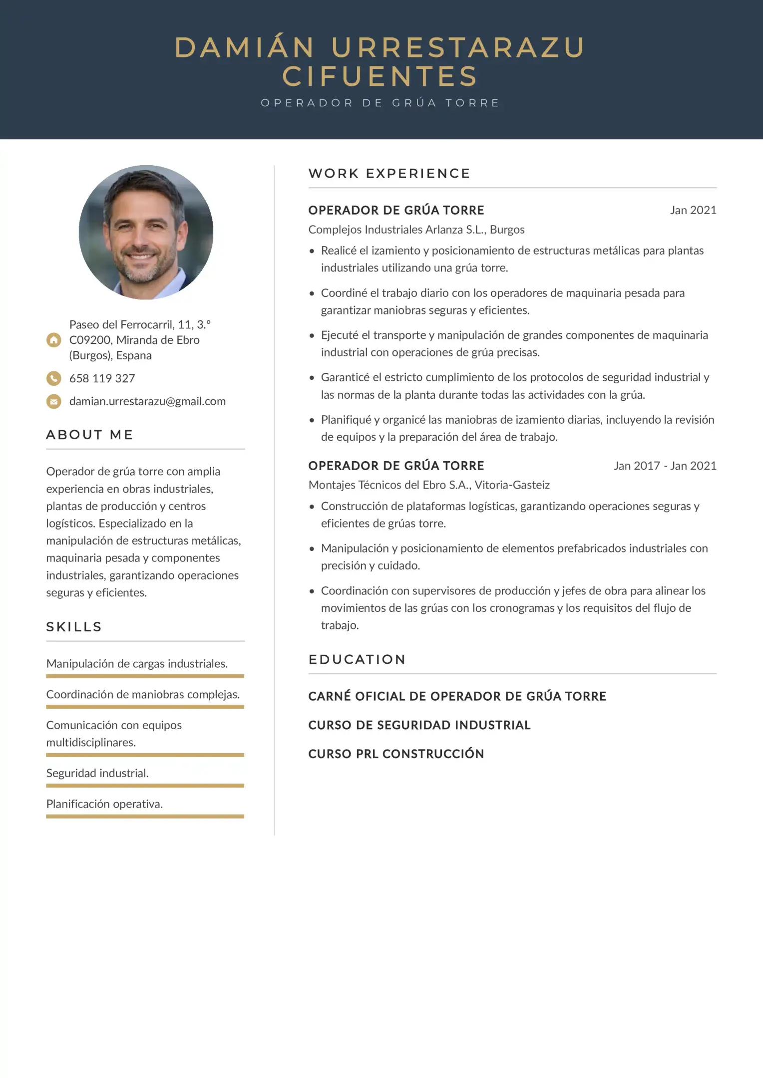 Currículum de operador de grúa torre para obras industriales