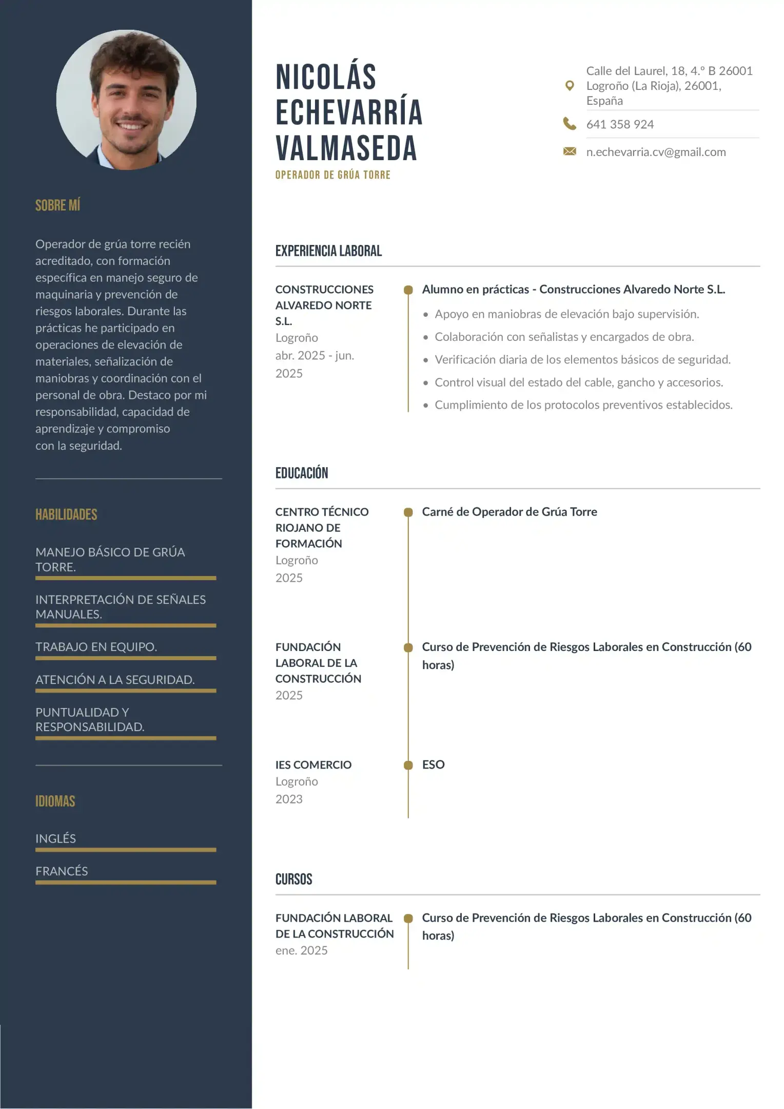 Currículum de operador de grúa torre sin experiencia laboral