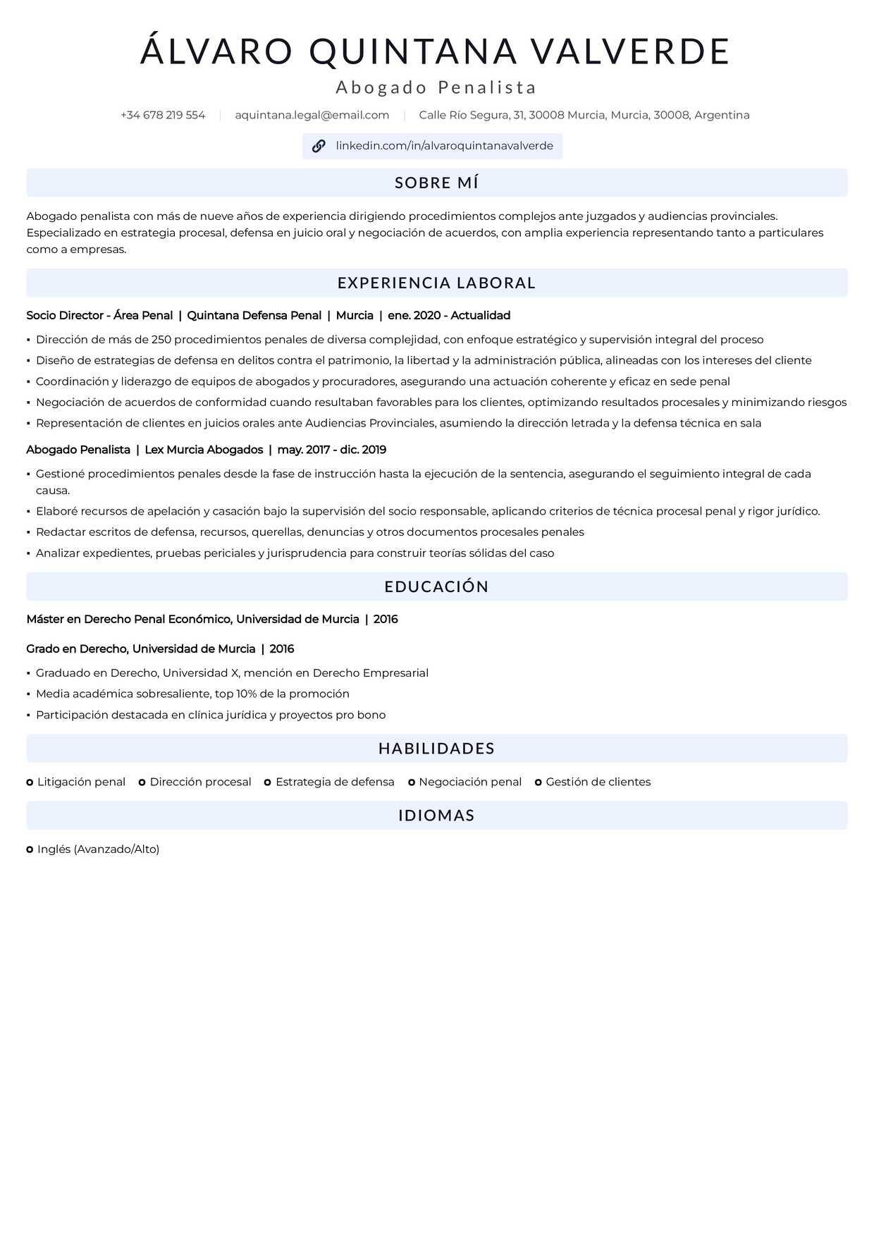 Currículum de abogado penalista senior