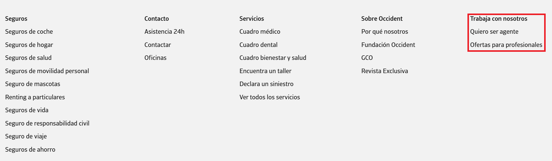 Pie de página de la web de Occident