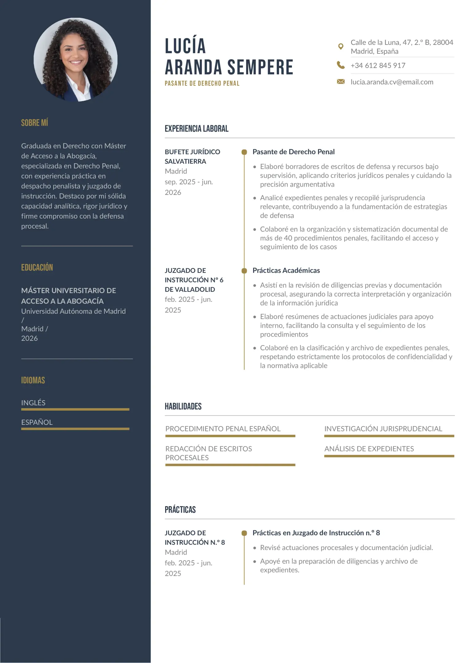 Currículum de abogado penalista sin experiencia laboral