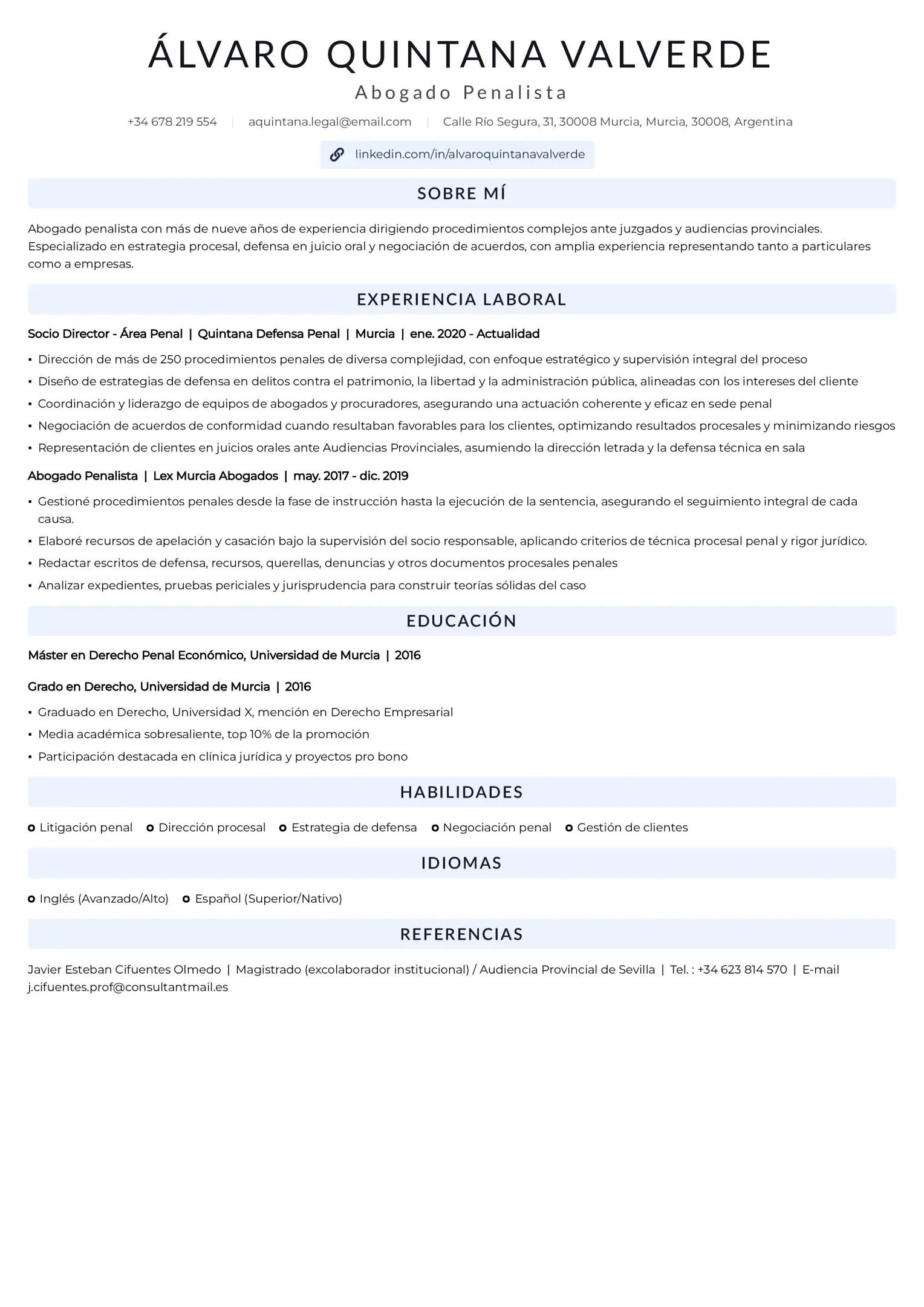 Currículum de abogado penalista senior