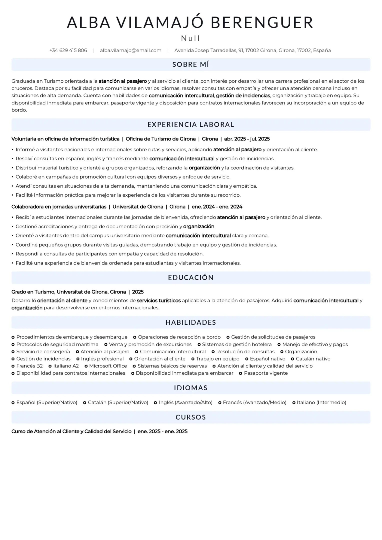 Currículum para trabajar en atención al pasajero en un crucero sin experiencia