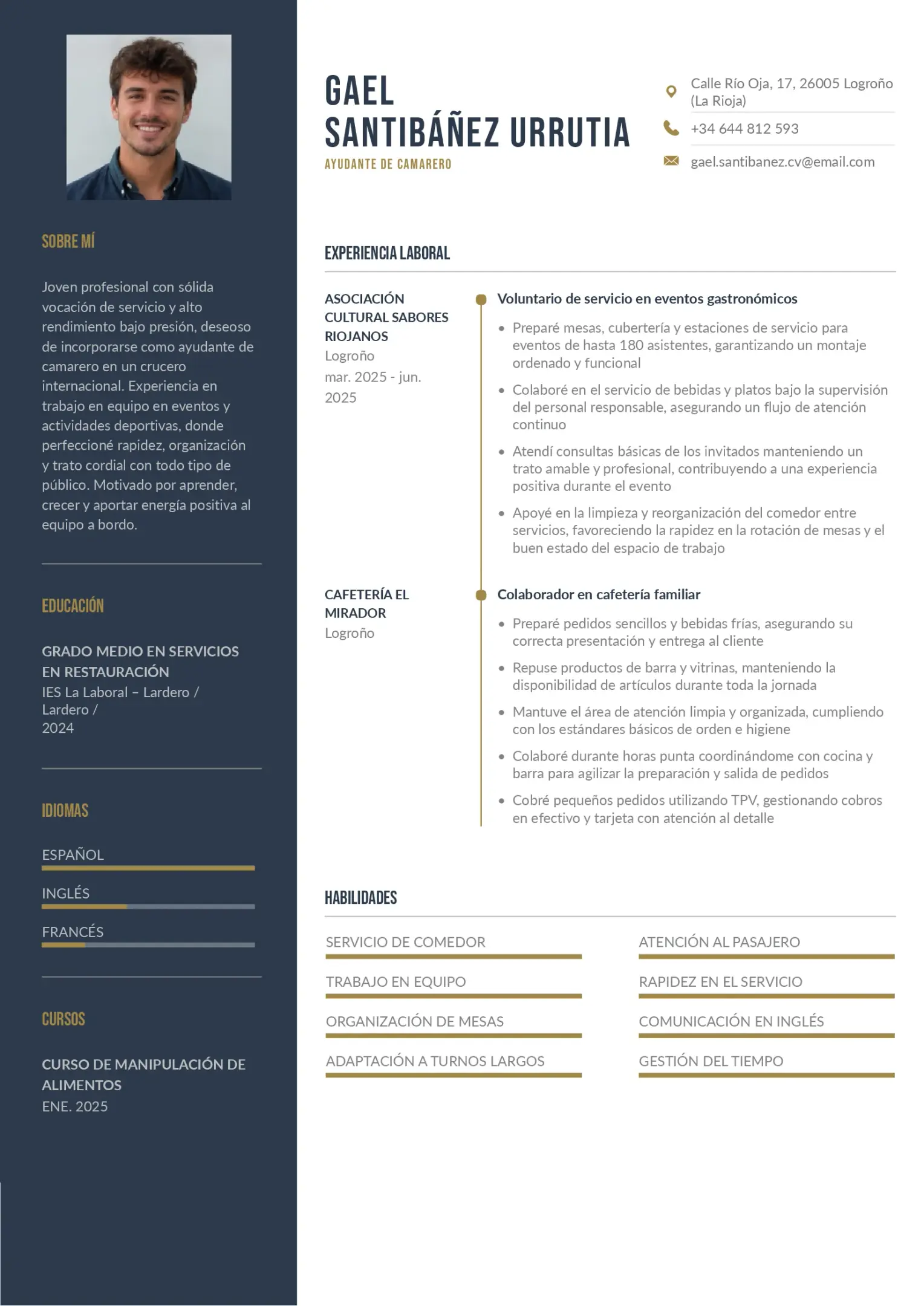 Currículum para trabajar como ayudante de camarero en un crucero sin experiencia