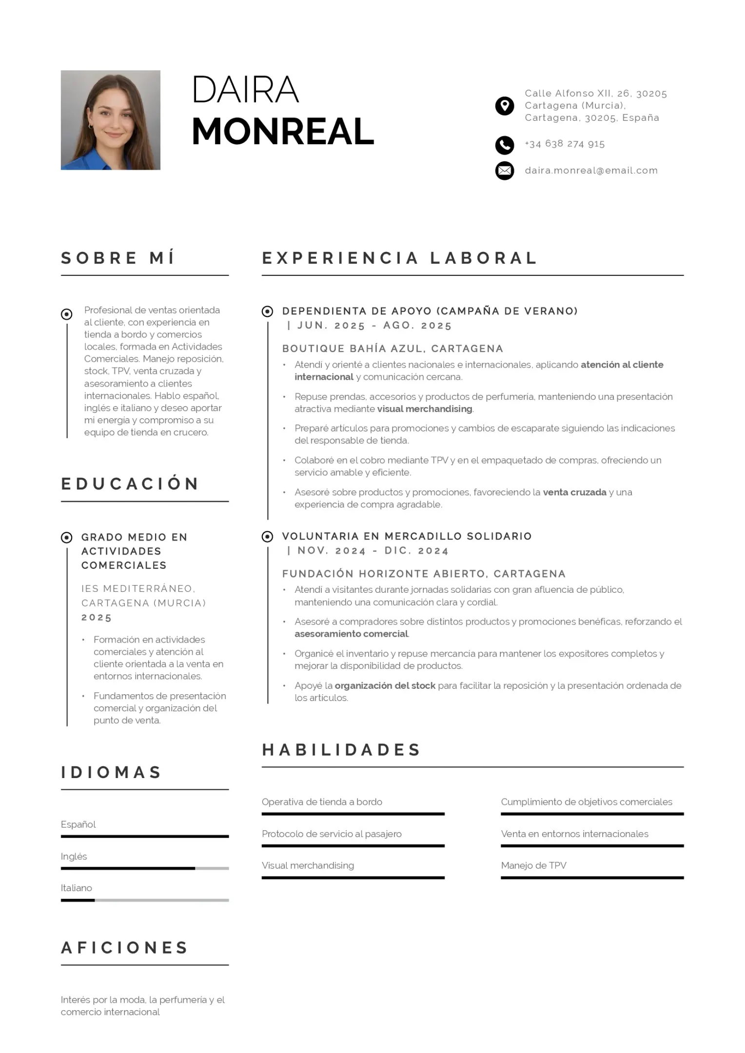Currículum para trabajar como ayudante de tienda en un crucero sin experiencia