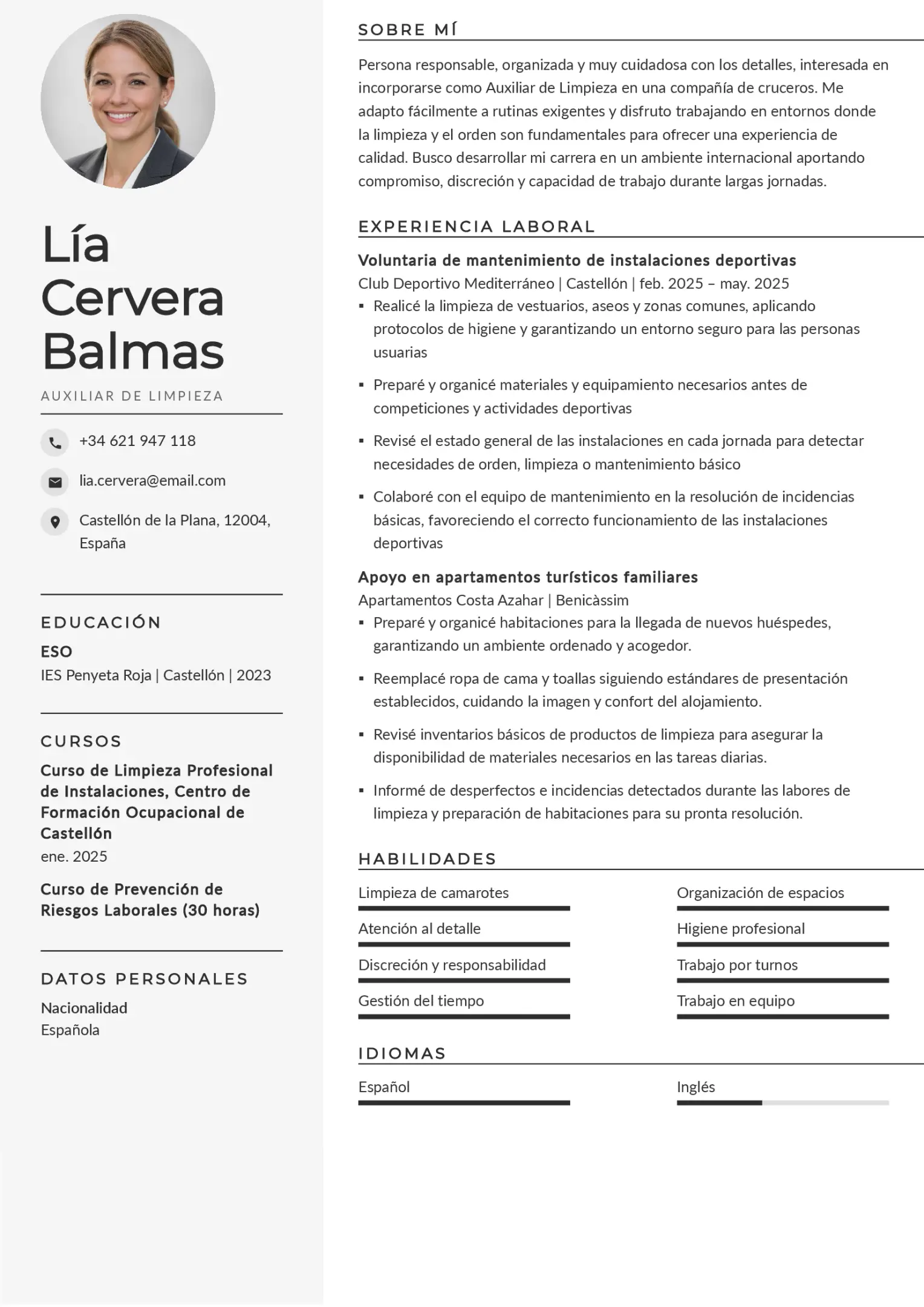 Currículum para trabajar como auxiliar de limpieza en un crucero sin experiencia