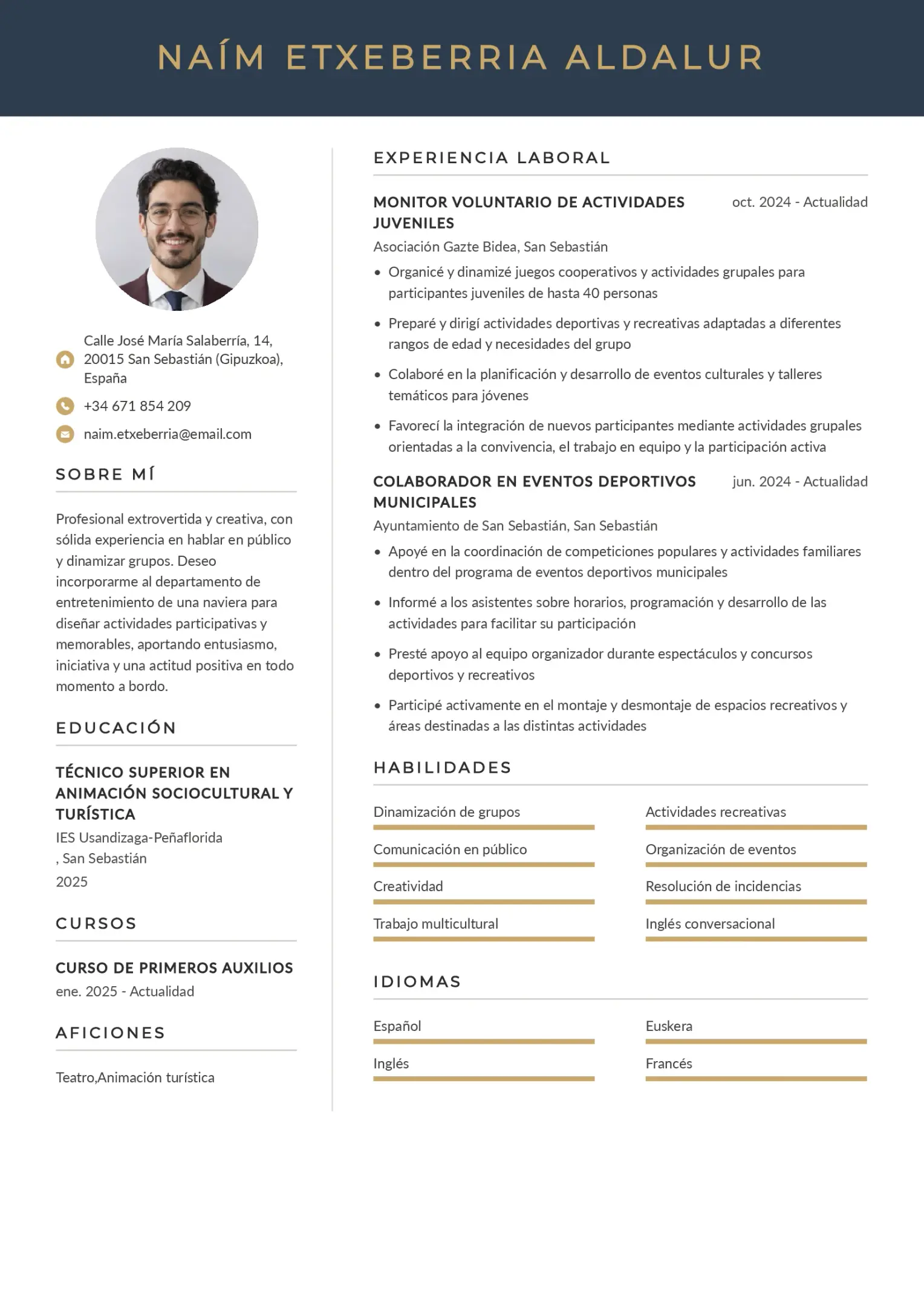 Currículum para trabajar como animador de actividades en un crucero sin experiencia
