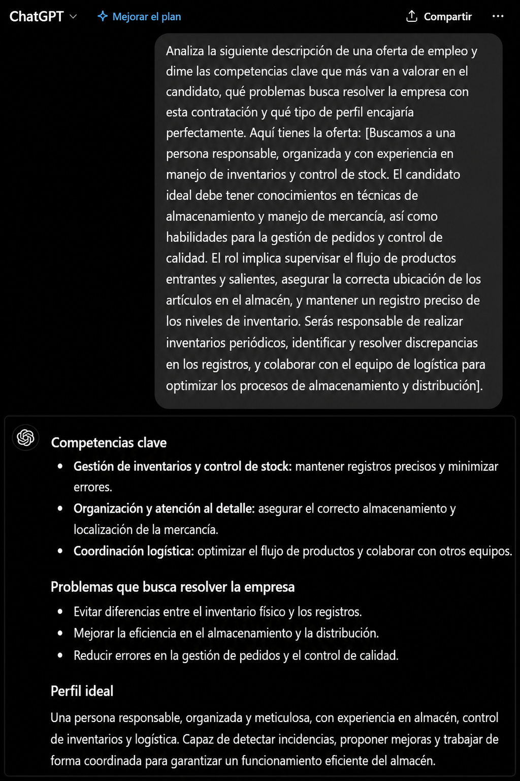 ChatGPT analiza una oferta de empleo