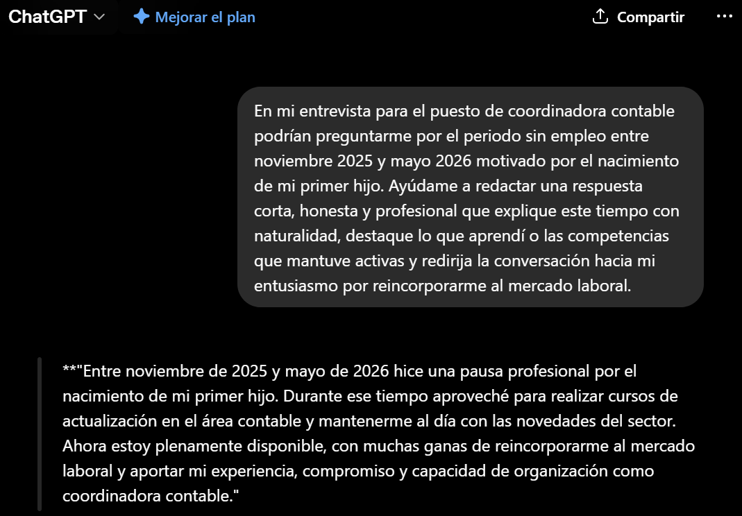 ChatGPT prepara una respuesta para justificar un periodo sin trabajar
