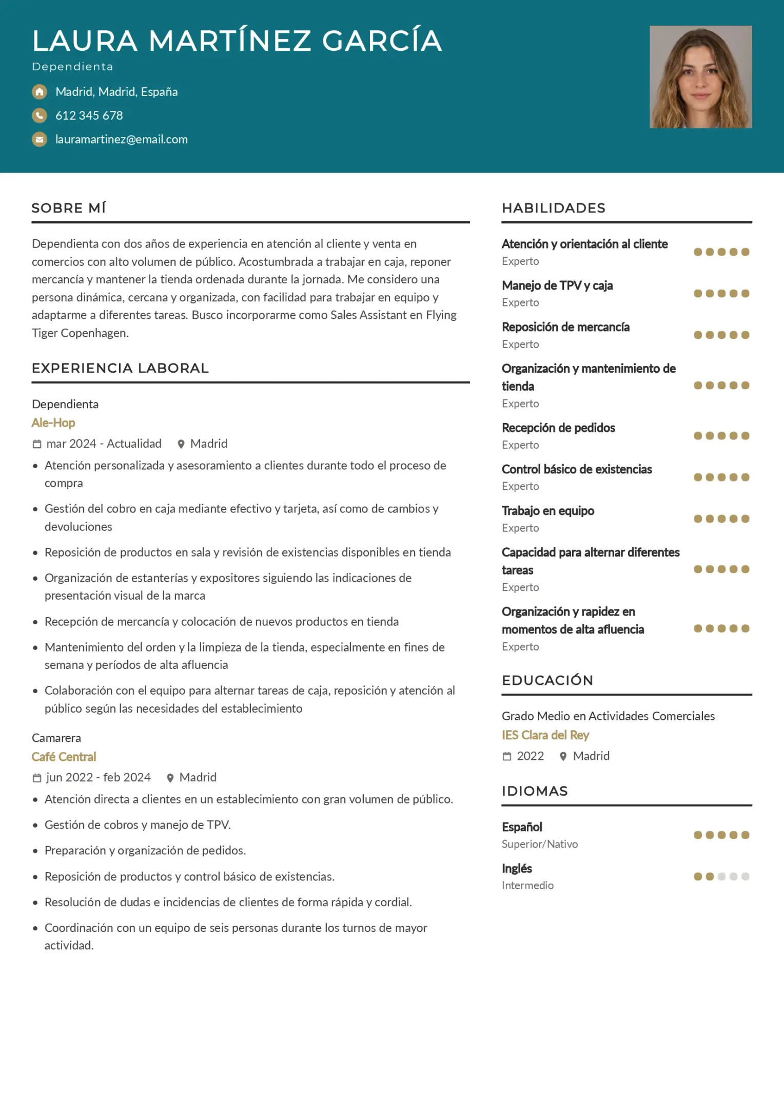 Ejemplo de currículum de dependienta para trabajar en Flying Tiger